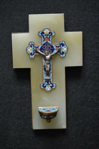 ⭐ Antique French Crucifix,  Holy Water Font,  Bronze Enamel On Onyx⭐
