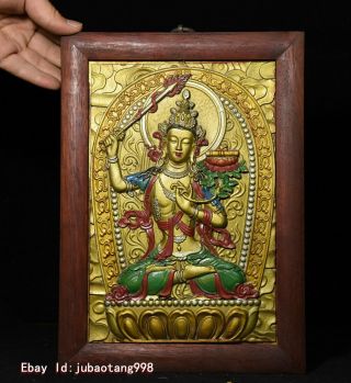 Tibet Buddhism Wood Inlay Bronze Painting Wenshu Manjushri Buddha Statue Thangka
