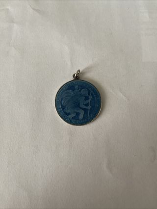 Vintage Sterling & Pale Blue Enamel Saint Christopher Religious Medal Charm Drop