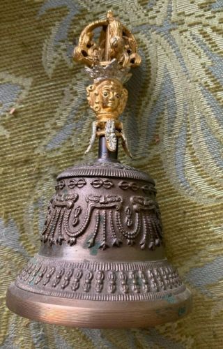 Antique Handmade Tibetan Puja Bronze Bell 7 " And Vajra/dorje.