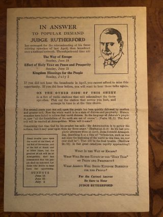 Watchtower Rutherford Handbill With Radio Stations (1933)