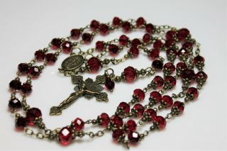 Dark Siam Garnet Red Austrian Faceted Crystal Antique Bronze Rosary.  Rosario.  Hm