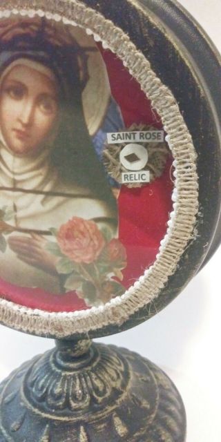 Saint Rose Of Lima 3rd Class Cloth Relic 8 In Tall Reliquary Round Glass Front