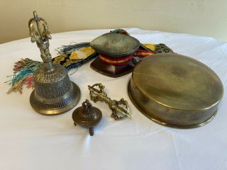 Set Of Buddhist Ritual Implements - Vajra/bell/damaru/kapala/offering Plate