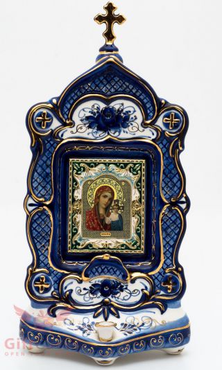 Russian Porcelain Gzhel Shrine Kiot Candlestick Icon Virgin Mary Our Lady Kazan