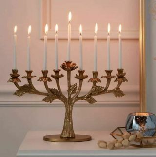 Menorah Gold Plated Jerusalem Temple 10 Inch Height 9 Branches Gold Brass Xl