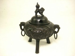 Antique Japanese Meiji Era (c.  1890) Bronze Koro Incense Burner Foo - Dog Scenic