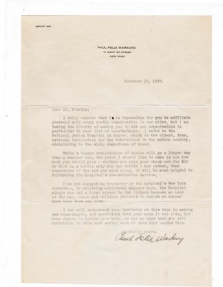 Judaica Letter Signed Paul Felix Warburg Re National Jewish Hospital Denver