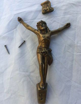 French Antique Crucifix Jesus Christ Corpus Cross Metal Brass 5” Jesus Guilted
