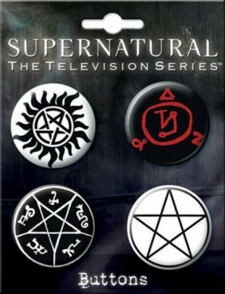 Supernatural Tv Series Runes Carded Set Of 4 Round Buttons Set 1