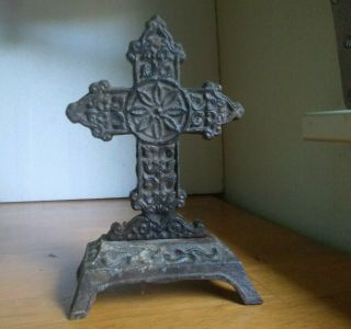 Antique Cast Iron 7 3/4 " Celtic Cross On Footed Stand Doorstop Or Bookend