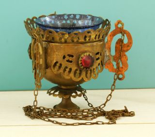 Russian,  Lamp For Icon,  Lampada Orthodox Antique Old Brass With Stone,  Blue Glass