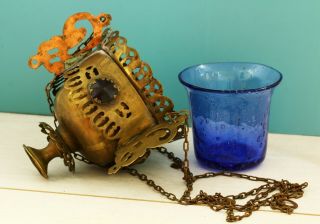 Russian,  Lamp for Icon,  Lampada Orthodox Antique old brass with stone,  blue glass 2