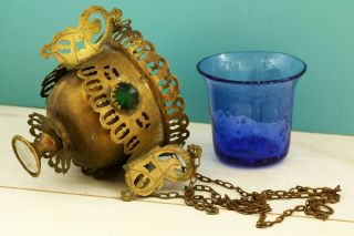 Russian,  Lamp for Icon,  Lampada Orthodox Antique old brass with stone,  blue glass 3