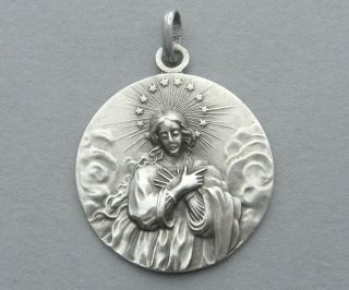 Antique Religious Large Silver Pendant.  Saint Virgin Mary.  Sterling Medal.