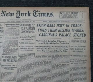 Kristallnacht - Nazi Germany - Pre - World War Ii - 1938 York Times Newspaper