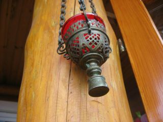 Russian,  Lamp for Icon,  Lampada Orthodox Antique old bronze with red Glas 3