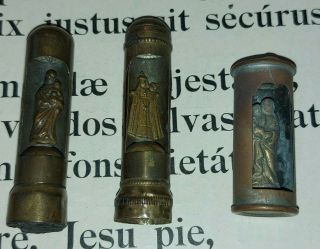 100) 3 Antique Brass Pocket Shrine St Joseph (2) Virgin Mary With Child Jesus