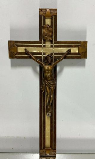 Vtg.  Catholic Religious Wood Art Deco Brass Inlay Cross Crucifix