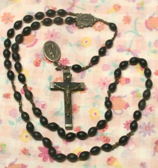 Vintage Catholic Rosary Crucifix Cross Large Black Wooden Beads 28 "