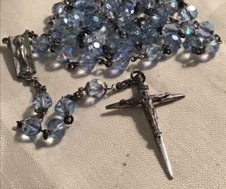 Vintage Sterling Silver Creed Rosary Blue Iridescent Ab Crystals 25”