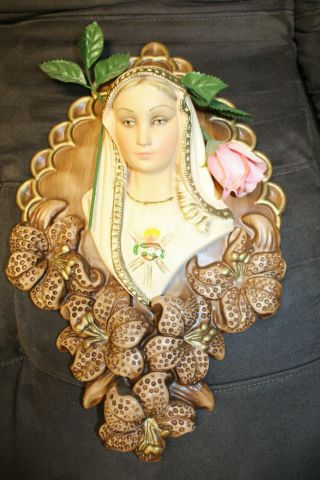 Religious Mary Sacred Heart Wall Hanging Chalkware 3d 15 " X 10 "