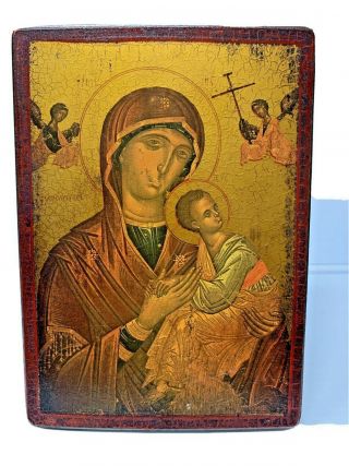 Glorious Wooden Hand Painted Russian Icon Of Mother Of God Virgin Mary Jesus