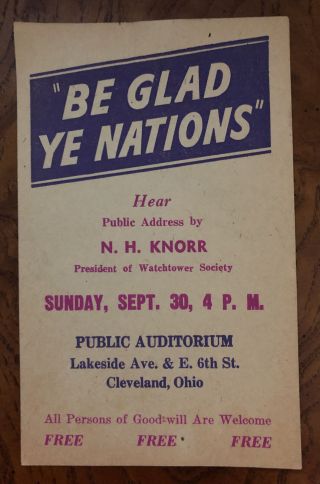 Watchtower Talk Handbill " Be Glad Ye Nations " By Knorr,  Cleveland,  Ohio 1945