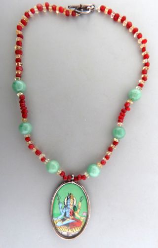 Buddha Painting Pendant Sterling Silver Jade And Glass Bead Necklace