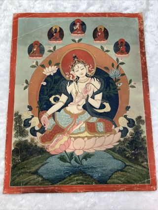 Vtg Thangka White Tara Tibetan Buddhist Art Meditation Paubha Nepal 20 " X16 "