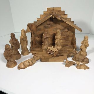 Vintage Nativity Set Olive Wood Holy Land Made 13 Piece 9 " Tall Stable 5 " Joseph