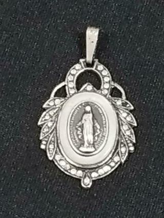 Vintage Sterling Silver Religious Virgin Mary Mother Of Pearl Medal