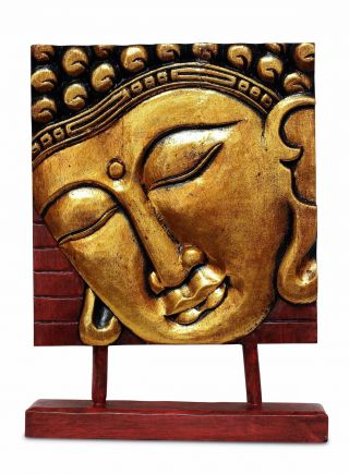 15 " Wooden Buddha Head Gold Plaque Statue Handmade Sculpture Carved Wood Decor