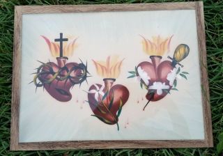 Old Vtg Hearts Of The Holy Family Painting