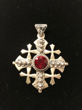 Vintage Jerusalem Crusader Cross 900 Sterling Silver Pendant Faceted Red Stone