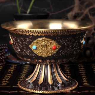 Tibet Buddhist Mikky Copper Offering Water Bowl Cup Divine Focus Ritual With Gem