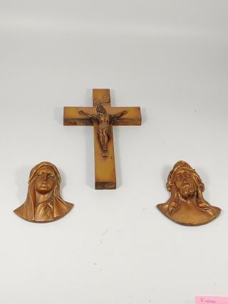 Vintage Religious Brass Trio Jesus Christ And Virgin Mary Wall Busts Crusifix