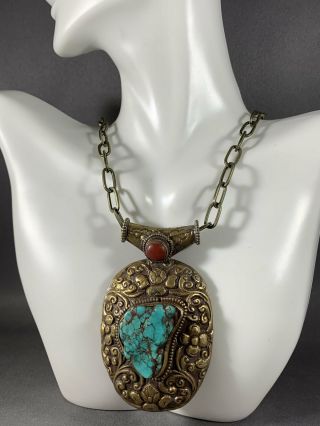 Tibetan Necklace Turquoise Pendant Brass Metal Repousse Jewelry