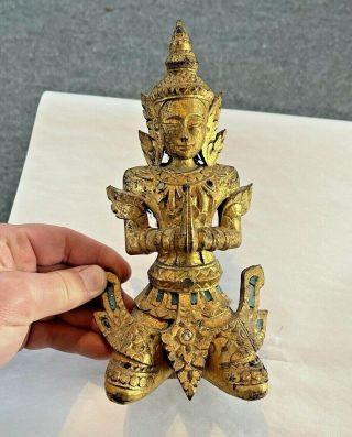 Antique Or Vintage Carved Tibet Wooden Figure In Gold Paint,  Estate Find