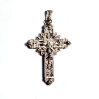Antique Large Ornate Sterling Filigree Cross Crucifix Pendant - Incredible