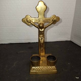 Brass Metal Altar Cross Crucifix Desk - Candle Stand Holy Religious Jesus Christ