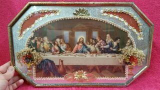Antique Last Supper Picture Bubble Convex Glass Metal Frame Dried Flowers Old