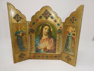 Vintage Sacred Heart Jesus & Angels Hand Painted Wood Gold Triptych Icon Italy