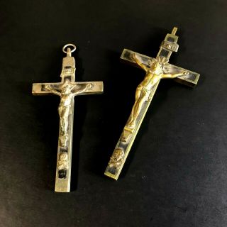 Two Vintage Pectoral Crucifix Cross Skull Crossbones Ebony Brass Bronze Antique