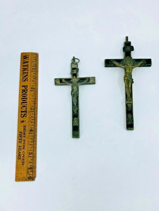 Two Vintage Pectoral Crucifix Cross Skull Crossbones Ebony Brass Bronze Antique 2