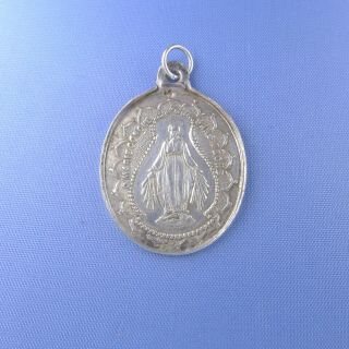 19th C.  Miraculous Virgin Mary Medal † Antique Sterling Silver Pendant