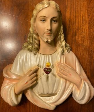“reserved” Vintage Chalkware Sacred Heart Of Jesus 1957 Michigan Comp Lamp Co.