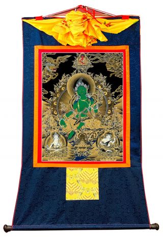 25 Inch Tibet Thangka Black Painting Buddhist Compassionate Goddess Green Tara
