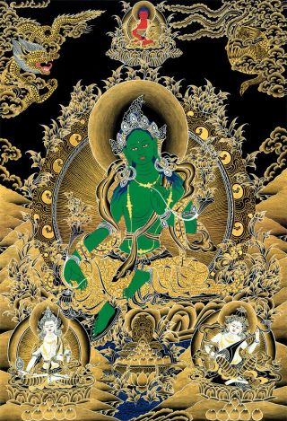 25 Inch Tibet Thangka Black Painting Buddhist Compassionate Goddess Green Tara 2