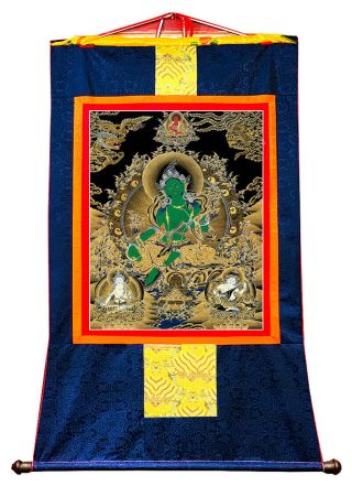 25 Inch Tibet Thangka Black Painting Buddhist Compassionate Goddess Green Tara 3